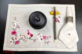 Placemat & Napkin set - Apricot blossom embroidery